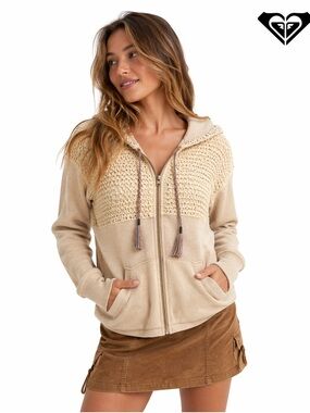 Roxy Women Tan Crochet Hoodie S full Zip Up Lightweight Boho Beach grunge skater
